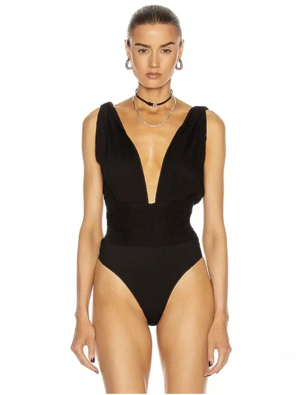 Retrofete Aria Bodysuit in Black Silk Size Medium Deep V Sleeveless Thong NWT